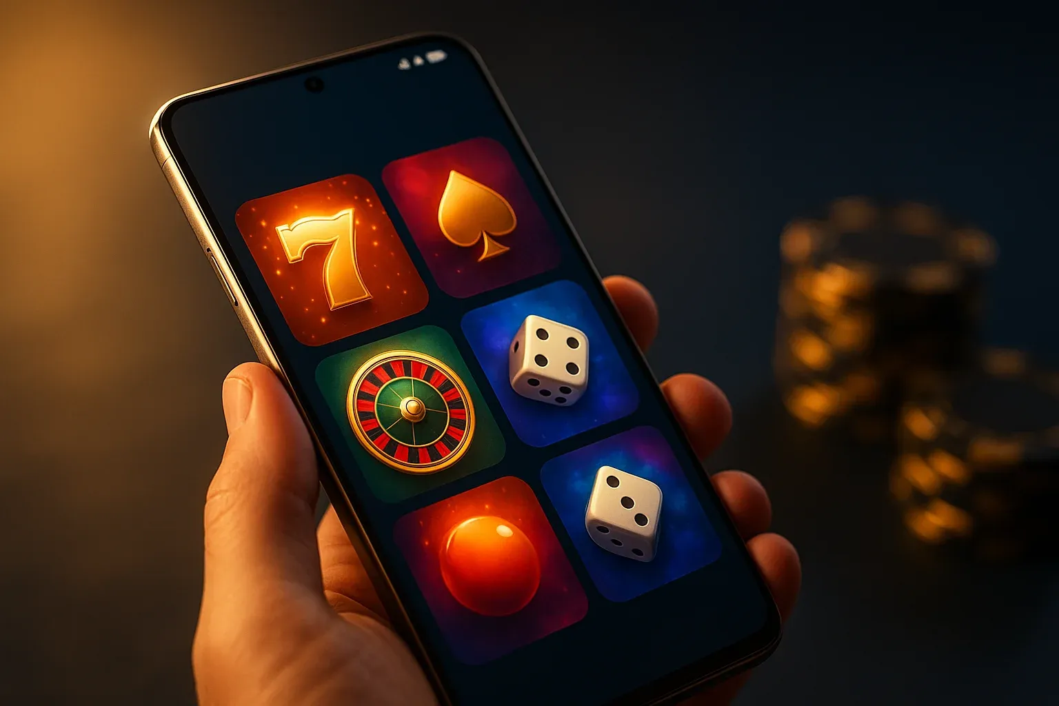 Hyperrealistic flagship Android smartphone showing vivid casino app interface, studio lighting