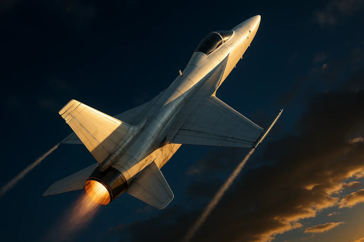 Hyperrealistic white jet climbing steeply in deep blue sky with contrails