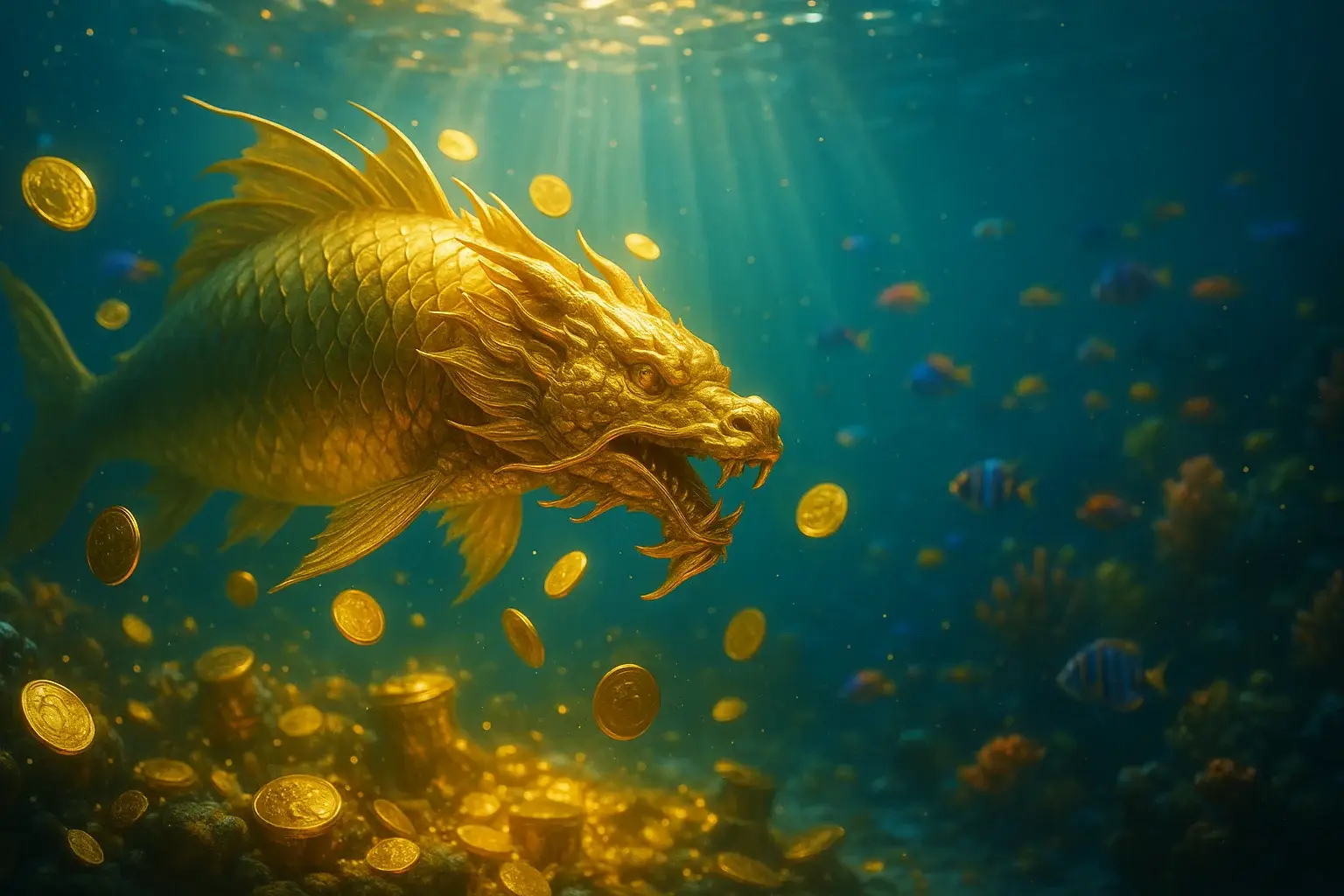Hyperrealistic underwater fishing game scene with golden dragon fish and treasure