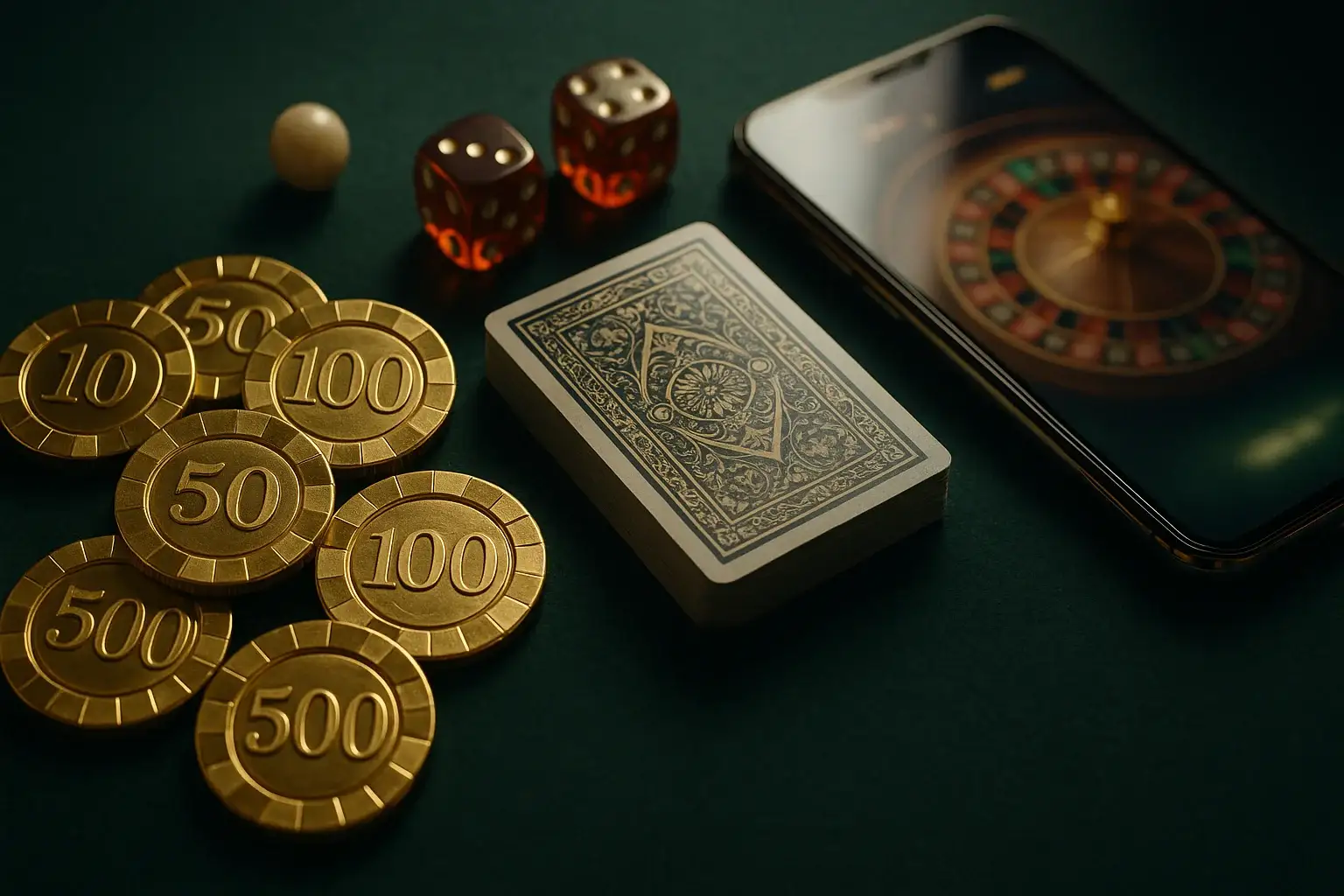 Top-down casino table with gold chips, cards, dice, roulette ball, smartphone