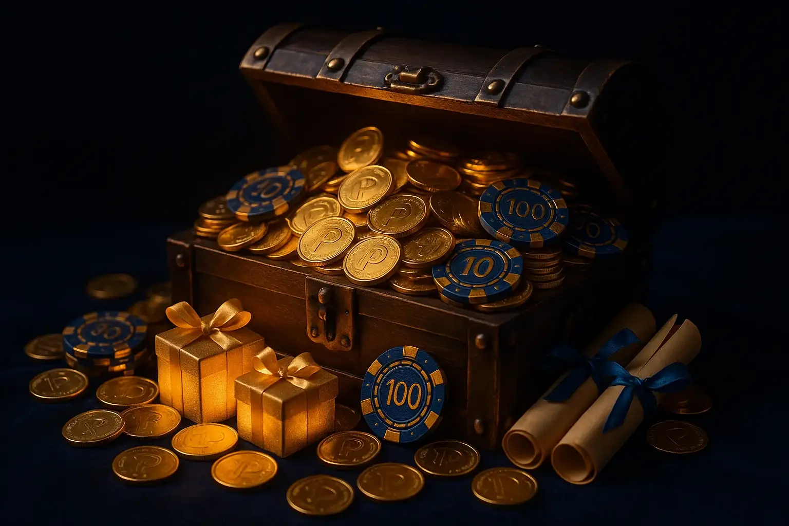 Overflowing treasure chest with gold coins, casino chips, vouchers, and gift boxes