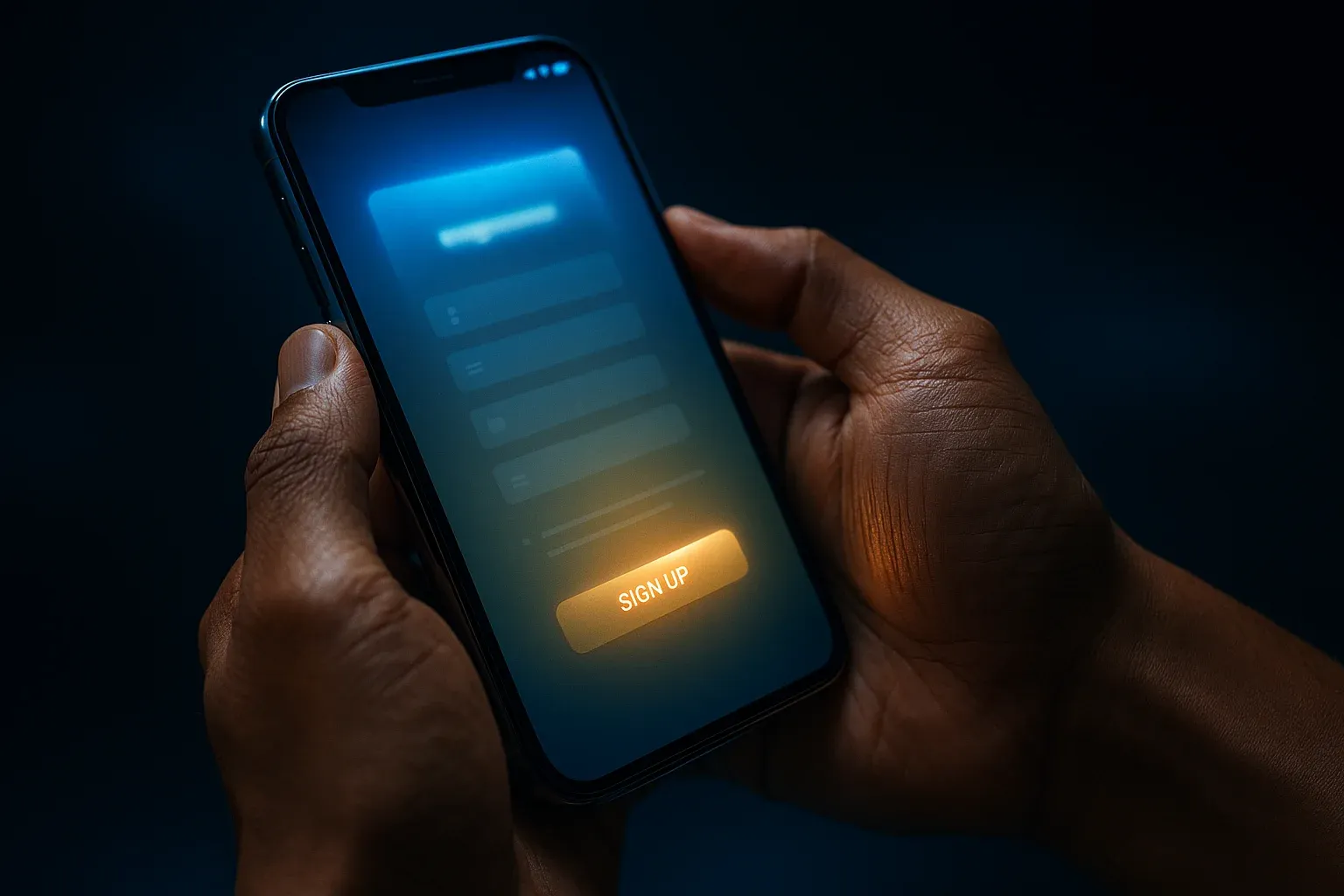 Filipino man hands holding smartphone with blurred registration screen, blue gold glow