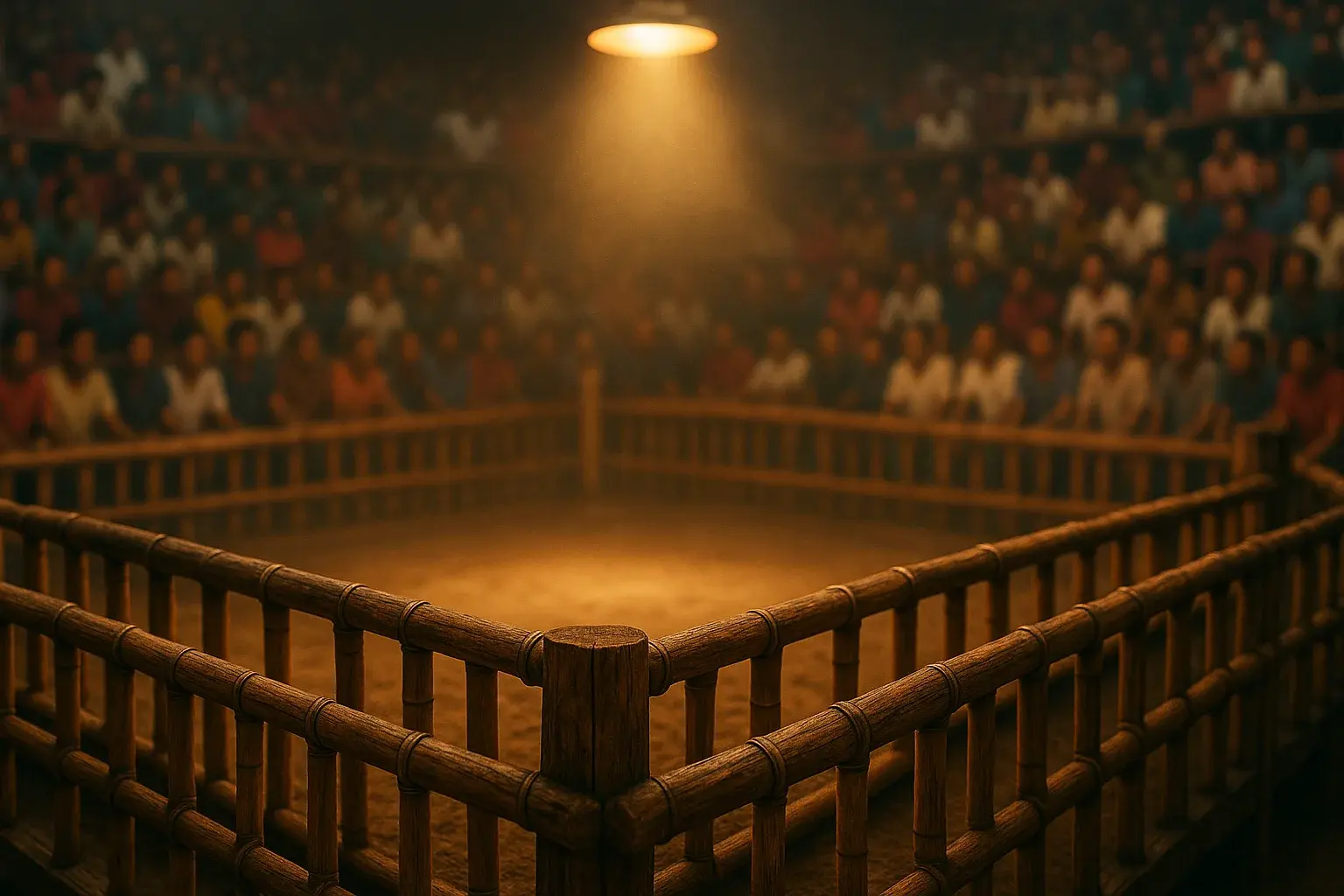 Cinematic wide shot of Philippine sabong cockpit with spotlighted empty sand pit