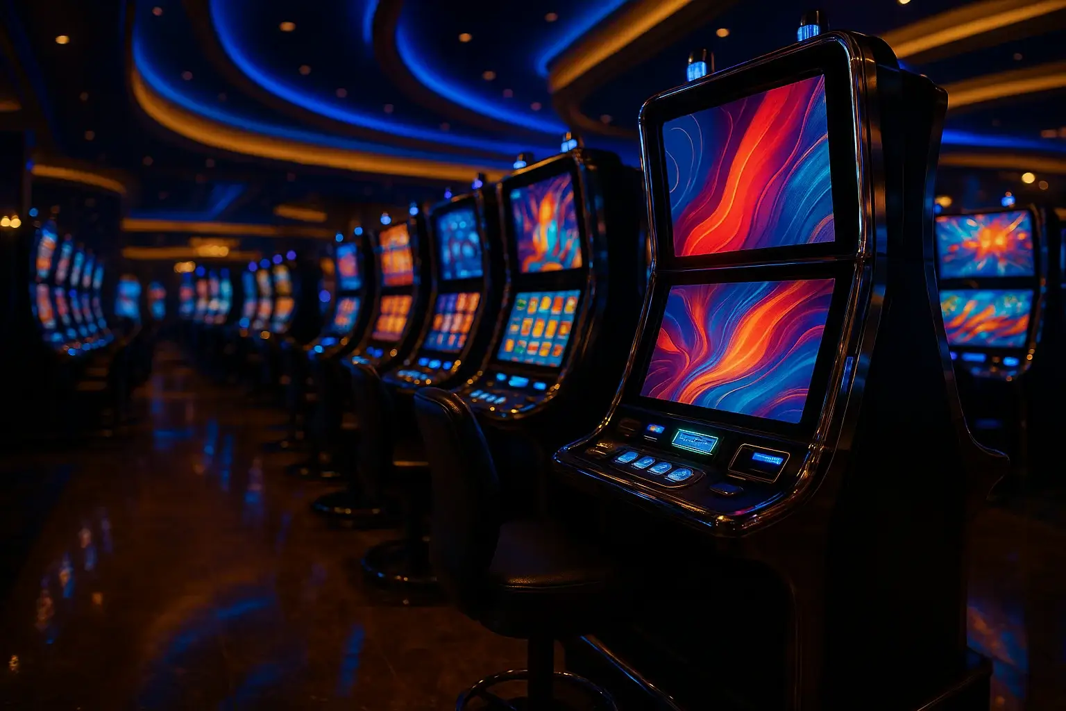 Hyperrealistic wide shot of Manila casino slots floor with blue gold lighting
