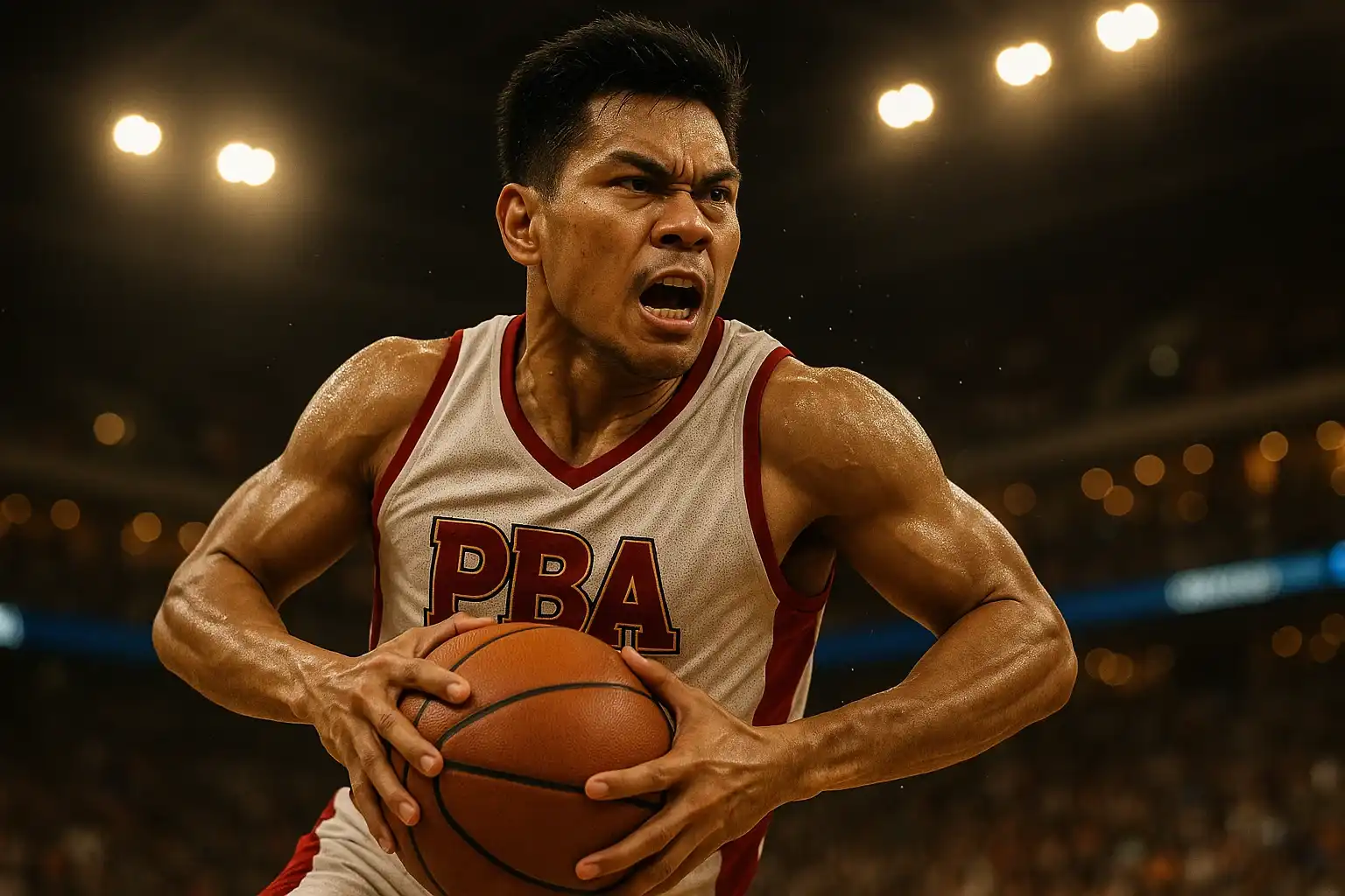 Filipino PBA player mid-air power drive, ball held tight, arena lights